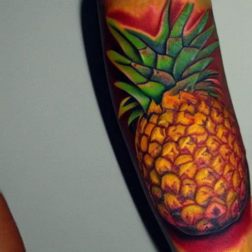 Image similar to professional 3 d render of a ripe luscious pineapple tattoo on an arm that's also edible