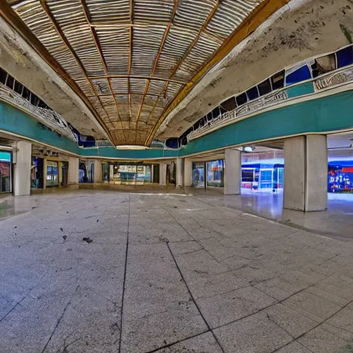 Prompt: liminal photograph of abandoned mall with bottomless pits, wide angle lens