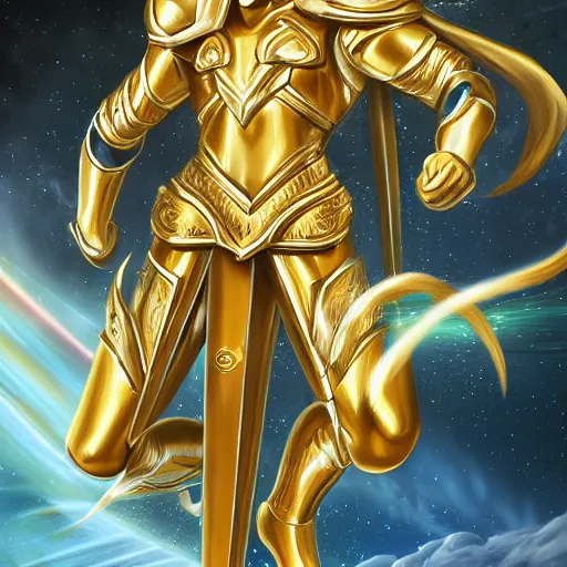 Image similar to A radiant, extreme long shot, photo of a 27-year-old Caucasian male wearing the Gemini Gold Armor, Beautiful gold Saint, Jaw-Dropping Beauty, gracious, aesthetically pleasing, dramatic eyes, intense stare, immense cosmic aura, from Knights of the Zodiac Saint Seiya, inside the Old Temple of Athena Greece,4k high resolution, exquisite art, art-gem, dramatic representation, hyper-realistic, atmospheric scene, cinematic, trending on ArtStation, Pinterest and Shutterstock, photoshopped, deep depth of field, intricate detail, finely detailed, small details, extra detail, ultra detailed, attention to detail, detailed picture, symmetrical, octane render, arnold render, unreal engine 5, high resolution, 3D, PBR, path tracing, volumetric lighting, golden hour, 8k, Photoshopped, Award Winning Photo, groundbreaking, Deep depth of field, f/22, 35mm, make all elements sharp, at golden hour, Light Academia aesthetic, Socialist realism, by Annie Leibovitz