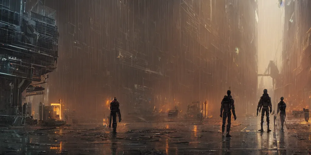 Prompt: a film still from elysium by ian mcque, an anti - crime unit descends upon an alley of a dusty sprawling industrial planet, vibrant, 5 0 mm lens, video game character and environment design, behance hd, studio, night time, rain, mist, dramatic lighting, cinematic, global illumination, trending on artstation, bloom