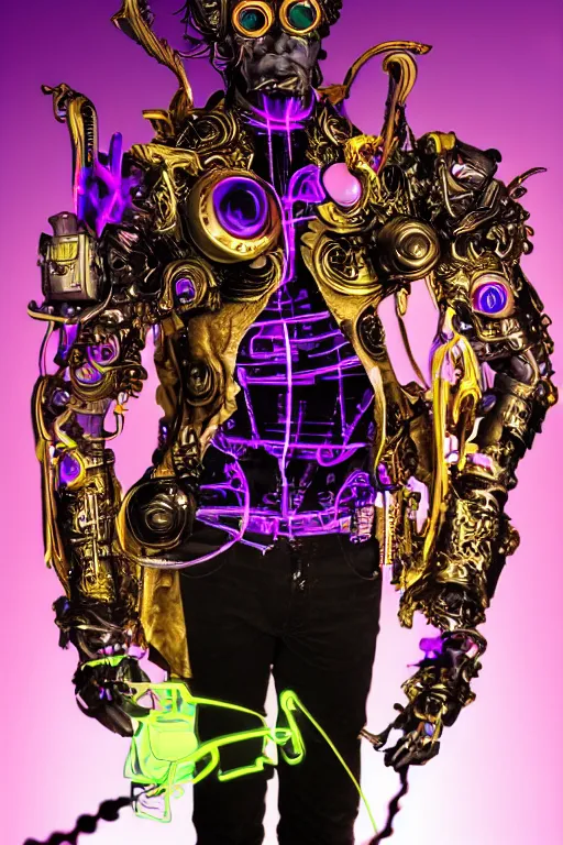 Prompt: full-body neon porcelain baroque cyberpunk style sculpture of a muscular handsome prince as a half-robot wearing retro shades, ruptured battery, leaking glowing neon radioactive liquid, electric sparks, glowing violet laser beam eyes, crown of giant diamonds, gold chain steampunk necklace, flowing purple satin, luminescent fabrics, mechanical roses. baroque and steampunk elements. full-length view. baroque element. intricate artwork by caravaggio. Trending on artstation, octane render, cinematic lighting from the right, hyper realism, octane render, 8k, depth of field, 3D