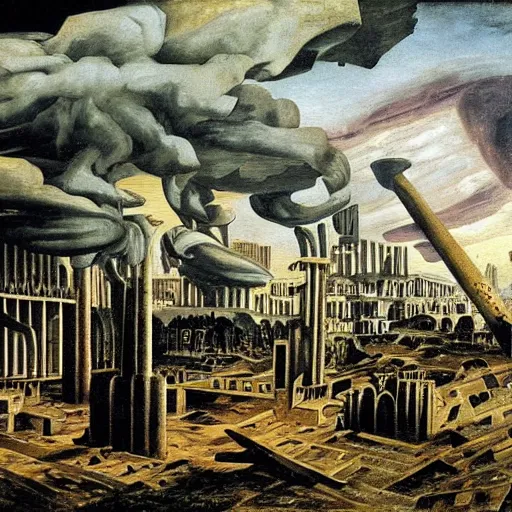 Prompt: the ruins of an old overgrown city at the end of times painting by de chirico
