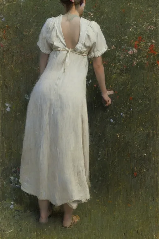 Prompt: blonde girl, pigtail braids, white summer dress, back view, leaning against wall, dappled light, jeremy lipking, joseph todorovitch, jules bastien le - page