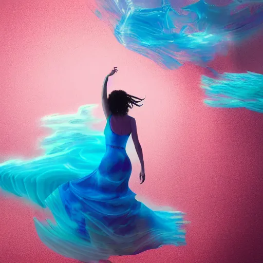 Image similar to woman dancing underwater wearing a flowing dress made of blue, magenta, and yellow seaweed, delicate coral sea bottom, swirling silver fish, swirling smoke shapes, octane render, caustics lighting from above, cinematic