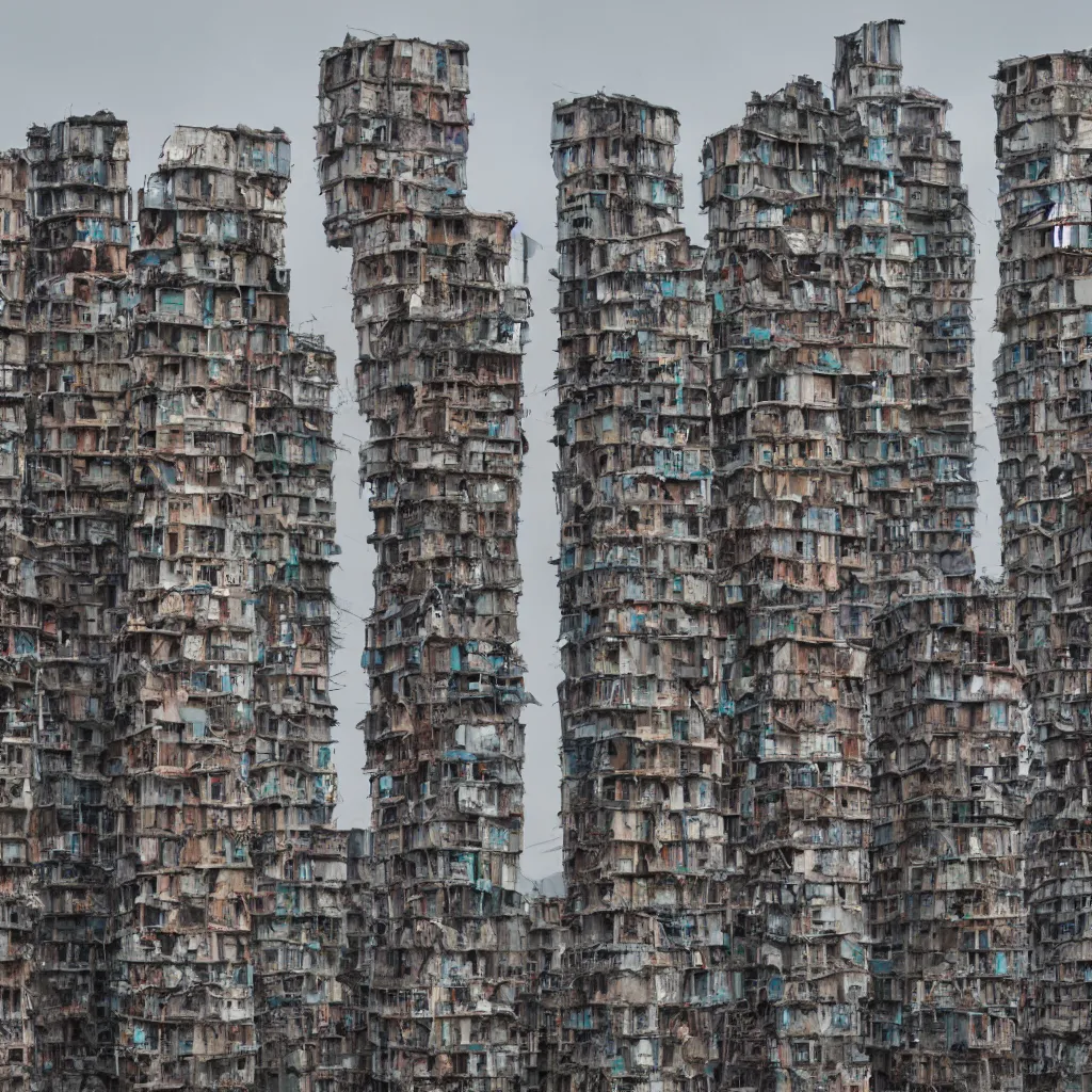 Prompt: three towers, made up of makeshift squatter shacks with faded colours, large vertical blank spaces, dystopia, sony a 7 r 3, f 1 1, fully frontal view, photographed by jeanette hagglund