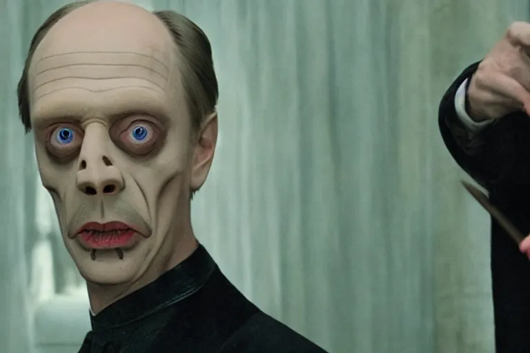 Prompt: film still of Steve Buscemi as Lord Voldemort with no nose blank space for nose no nose missing nose in Harry Potter movie