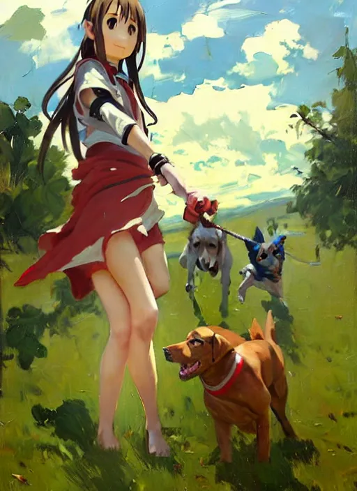 Image similar to Greg Manchess painting of Asuna Yuuki from SAO in casual wear out playing with the dogs, countryside, fantasy character portrait, dynamic pose, above view, sunny day, thunder clouds in the sky, artwork by Jeremy Lipkin and Giuseppe Dangelico Pino and Michael Garmash and Rob Rey, very coherent asymmetrical artwork, sharp edges, perfect face, simple form, wacky, 100mm