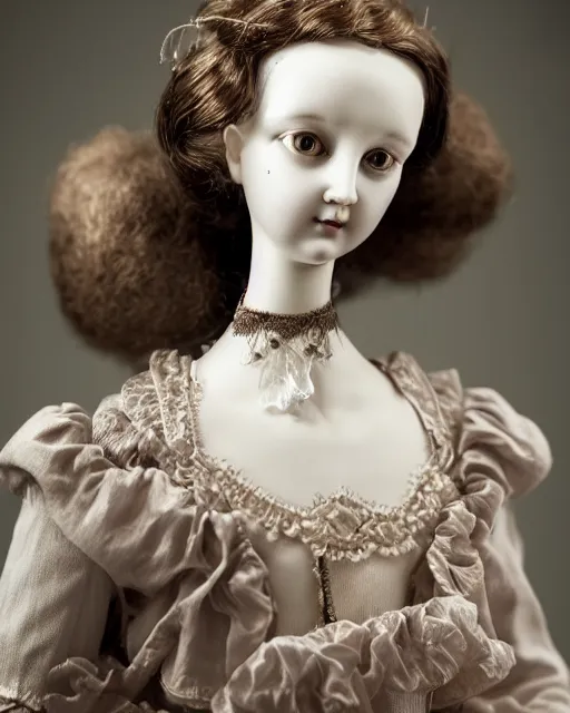 Prompt: an elegant beautiful antique porcelain doll - bio - mechanical cyborg head with long curly metal hair and cracked face, small nose, by cecile beaton, artstation, glamor shot, closeup, f / 2. 8, desaturated, 1 6 k, angelic, insanely detailed and intricate, hypermaximalist, hyper realistic, super detailed