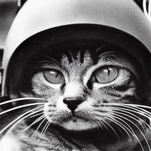 Image similar to Close up of a cat wearing a soldier helmet in the battle, ww2 historical photo, black and white