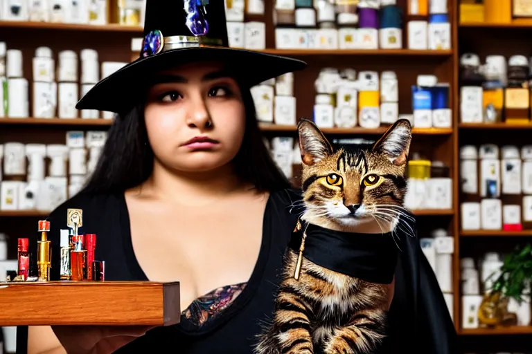 Prompt: 2 0 2 2 photo, close up portrait, dramatic lighting, concentration, calm confident hispanic teen witch and her cat, tarot cards displayed on the table in front of her, sage smoke, magic wand, a witch hat and cape, apothecary shelves in the background, alphonse mucha