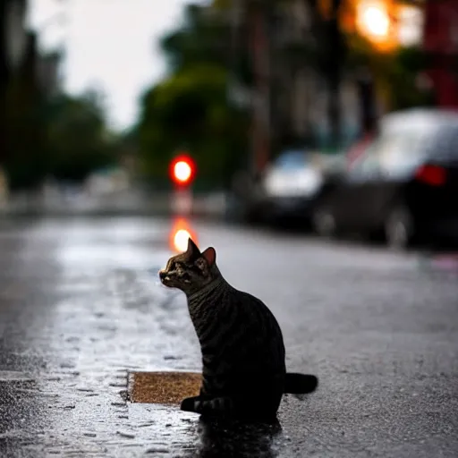 Prompt: Cat sitting on wet street corner with glowing exclamation mark over its head