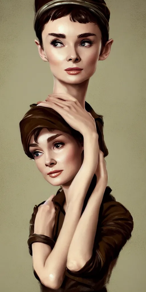 Image similar to a beautiful woman, beauty, looks like Audrey Hepburn, bard, brown hair, messy hairstyle, bangs, cream colored peasant shirt, brown pants, leather boots, dark green cloak, round hood, elf ears, youthful, white background, proportionate, by Greg Rutkowski and Tony Sart, trending on artstation, realistic, highly detailed, masterpiece