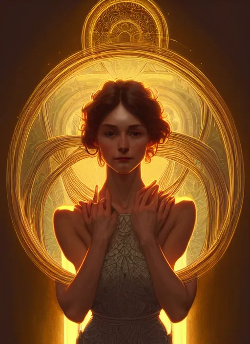 Image similar to symmetry!! portrait of a woman, cottagecore!!, glowing lights!! intricate, elegant, highly detailed, digital painting, artstation, concept art, smooth, sharp focus, illustration, art by artgerm and greg rutkowski and alphonse mucha