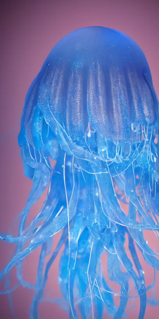 Prompt: at night, big blue jellyfish glowing in the night, very close detailed closeup, wonderful details, octane render, intricate, soft focus, film grain, blue tones, bokeh