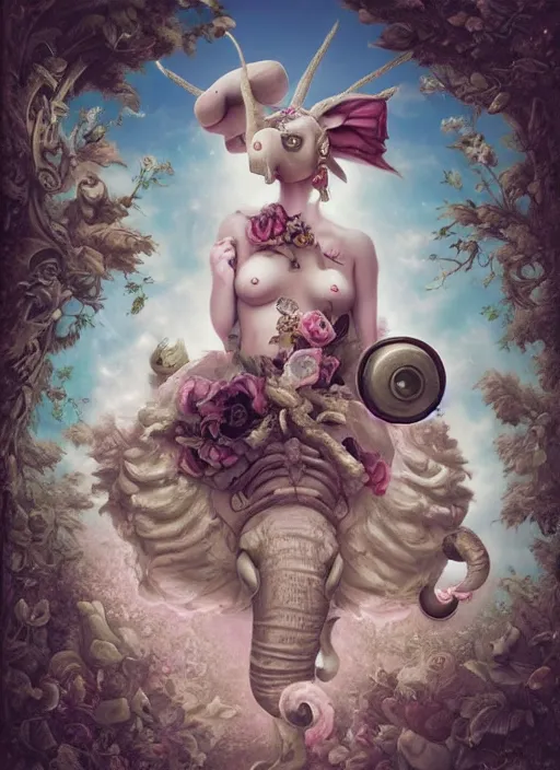 Prompt: pop surrealism, lowbrow art, psychic flying tandem war elephant, rococo, natalie shau, loreta lux, tom bagshaw, mark ryden, trevor brown style,