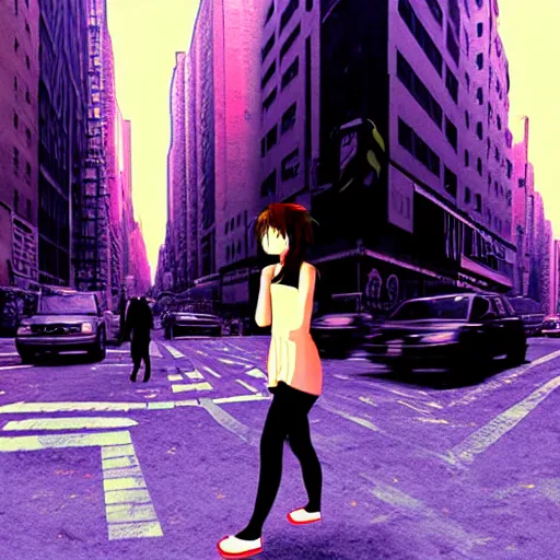 Image similar to digital anime art, unnecessary censorship of a girl walking on the streets of new york