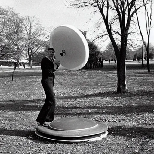 Image similar to an Adamski-style flying saucer landing in a park, 1950s photo