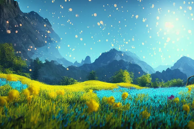 Image similar to mountain landscape in spring, flowers, teal landscape, dreamy light, sunny, floating particles, complementary palette, by and jacek yerga and jesse king, pop surrealist, wiccan, unreal engine, bokeh, detailed