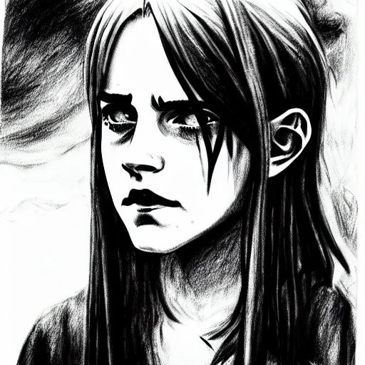 Image similar to emma watson in a demon slayer manga pencil, pencil and vine charcoal drawing, on medium grade paper, indian ink, variable lineart, grayscale, manga tones, detailed, set in hell, threatening an oompa loompa, hyper realistic, manga