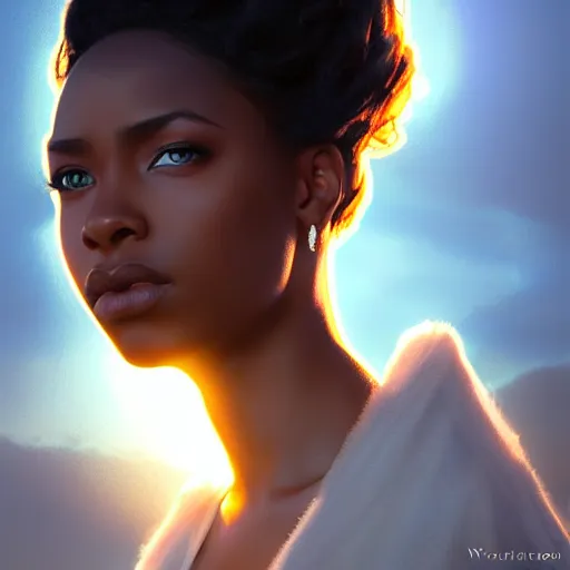 Prompt: a Photorealistic dramatic hyperrealistic bright blue eyes, African American elegant girl, black hair, white veil,by WLOP,Artgerm,Greg Rutkowski,Alphonse Mucha, Dang My Linh, Beautiful dynamic dramatic bright sunset lighting,shadows,cinematic atmosphere,Artstation,concept design art,Octane render,8k, garden