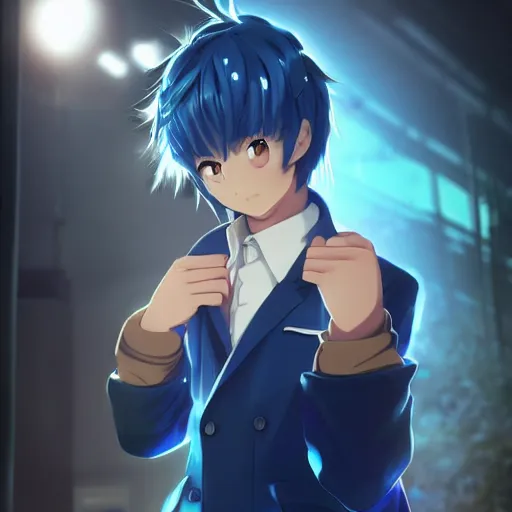 Image similar to very cool anime boy, short silver hair, azure blue watery eyes, full round face, seductive glances, wearing River City Ransom suit, lens flare, cinematic lighting, medium shot, mid-shot, highly realistically detailed, trending on pixiv, Unreal Engine 4k, Stanley Artgerm Lau, WLOP, Rossdraws, James Jean, Marc Simonetti