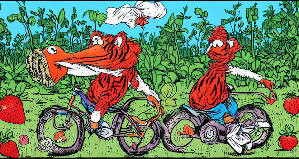 Image similar to gonzo from the muppets riding a tiger in the middle of a strawberry field in the rain, style of a comic book. illustration, 9 0 s, print