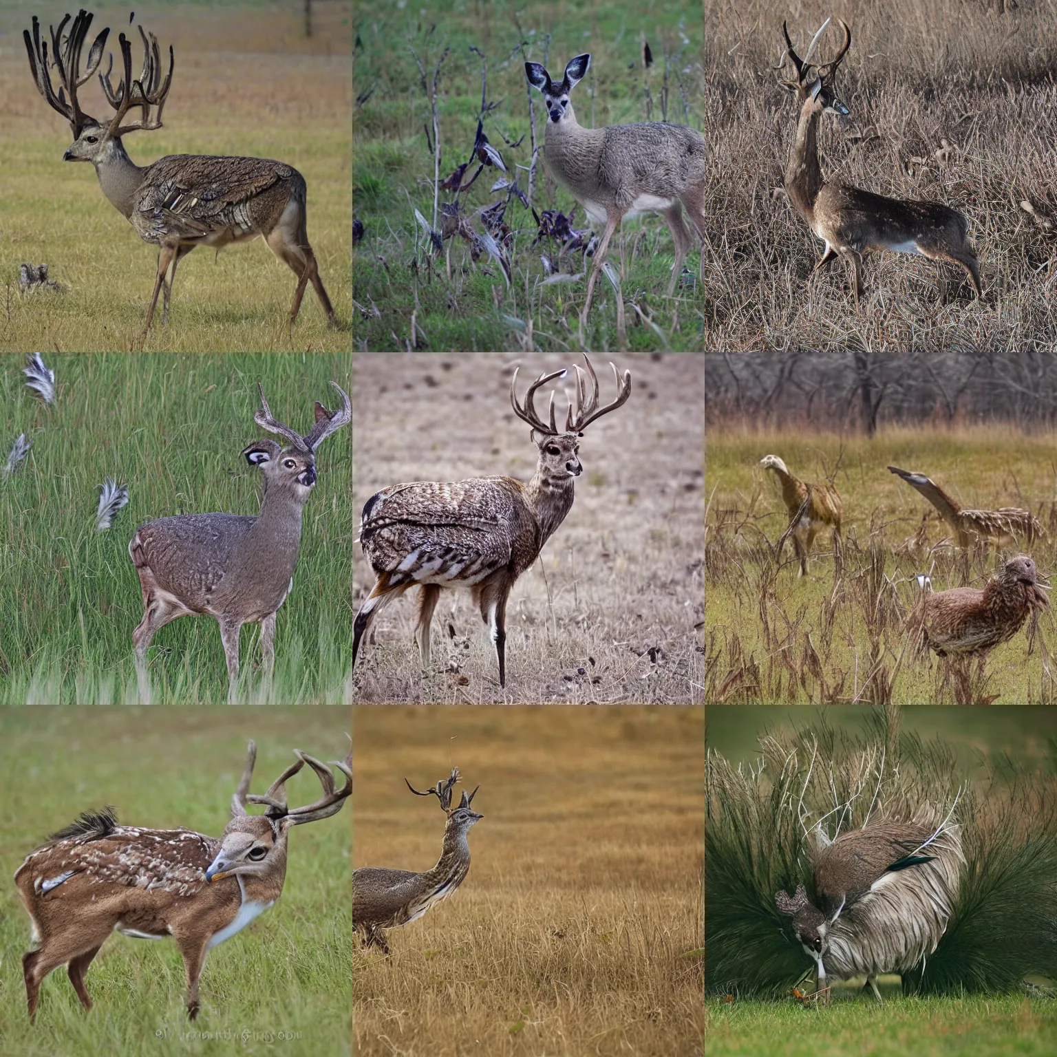 Prompt: a feathered deer with bird feathers as fur, owl feathers, full size deer antlers, nat geo, national geographic, photo, nature photography, f16, telephoto zoom, 100mm, wide shot, walking on grass