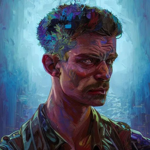 Image similar to Rugged soldier, handsome, colorful, surreal, dramatic lighting, face, upper body, detailed, intricate, elegant, highly detailed, digital painting, artstation, concept art, smooth, sharp focus, illustration, art by Sam Spratt, Dan Mumford, Artem Demura and Alphonse Mucha