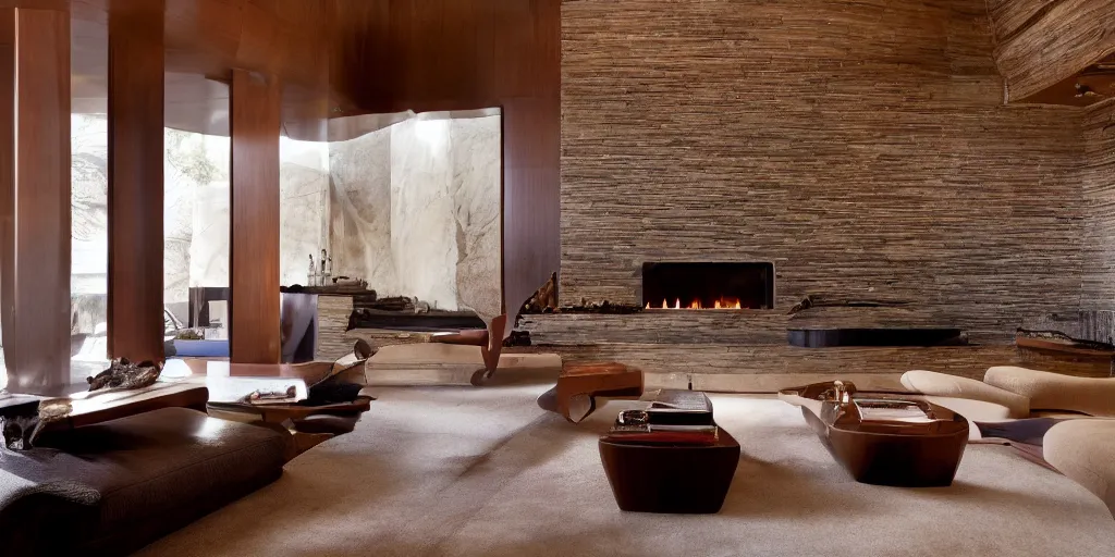 Prompt: an elegant interior photo of a sunken living room with a fireplace, dark wood , sofa, chair, end table, designed by Frank Loyd Wright