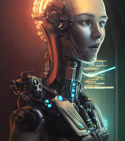 Image similar to ultra realistic full shot of a beautiful cyborg girl with mechanical arms, cyberpunk, sci - fi, fantasy, kodak, colour led, soft light, volumetric lighting, night, intricate, elegant, highly detailed, digital painting, artstation, concept art, smooth, sharp focus, illustration, art by artgerm and greg rutkowski and alphonse mucha