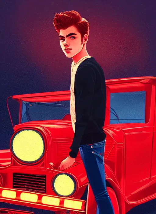 Image similar to teenage archie andrews, in a red ford model t, intricate, elegant, glowing lights, highly detailed, digital painting, artstation, sharp focus, illustration, art by wlop, mars ravelo and greg rutkowski