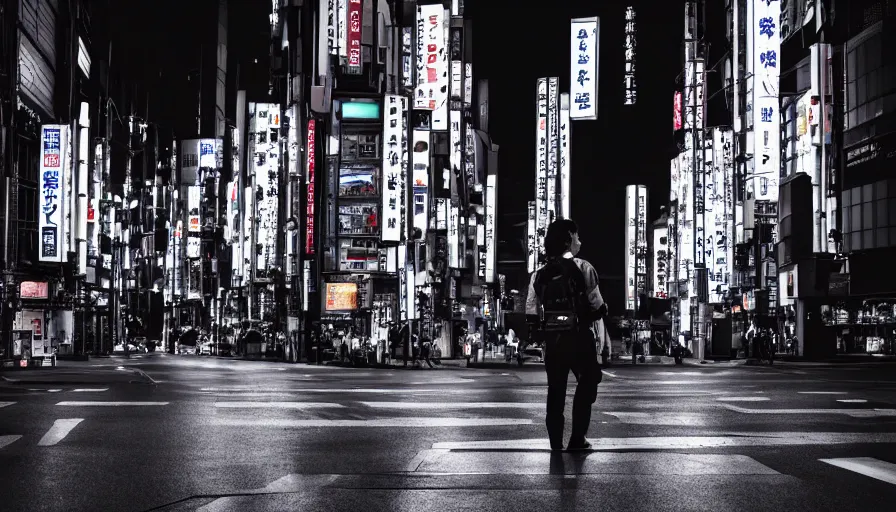 Image similar to A photograph of a Cyborg exploring Tokyo at night