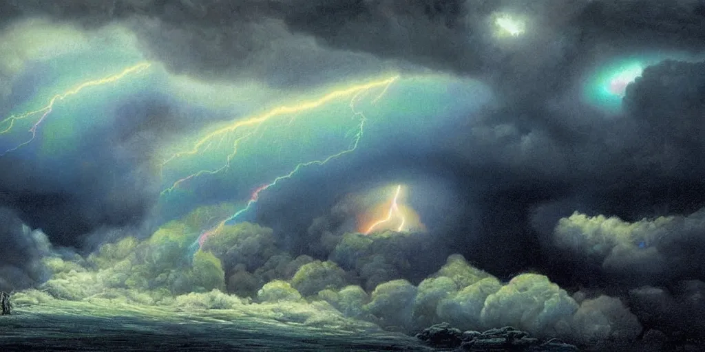 Image similar to a raging storm with lightning ripping open an iridescent portal to blue skies behind, illustration, detailed, smooth, soft, warm, by Adolf Lachman, Shaun Tan, Surrealism