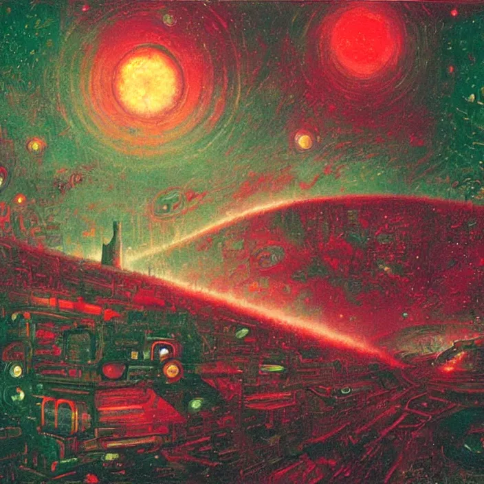 Image similar to gargantuan disappointment, red and green palette, night lights, starry sky, by ( h. r. giger ) and paul lehr