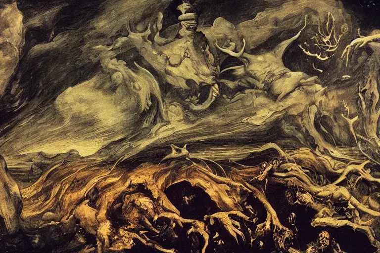 Prompt: the earth eats itself, detailed baroque oil painting, dark, disturbing by goya and alan lee, smoke, hell on earth