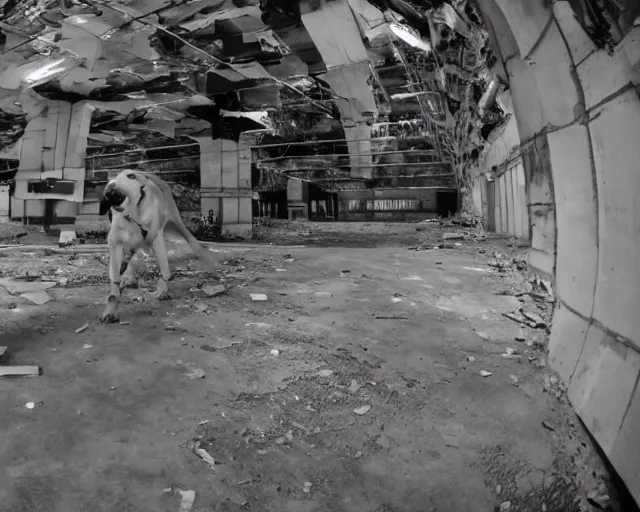 Prompt: camera footage of a Big Dog Robot hunting people in an abandoned shopping mall, high exposure, dark, monochrome, camera, grainy, CCTV, security camera footage, timestamp, zoomed in, fish-eye lense, Robot, Drone, Intense, Darpa,