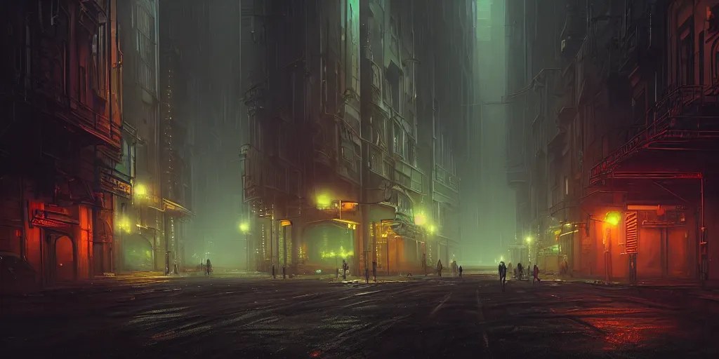 Prompt: highly detailed matte painting of a city street night time, bokeh, science fiction, grungy dystopia, plutocracy, futuristic noir, industrial steam, drones, mechs. environment art by john berkley and edward hopper concept art, volumetric - lighting - style atmosphere
