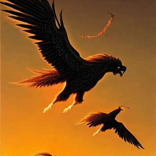 Image similar to a griffon unfurling its wings at sunset by michael whelan and james gurney