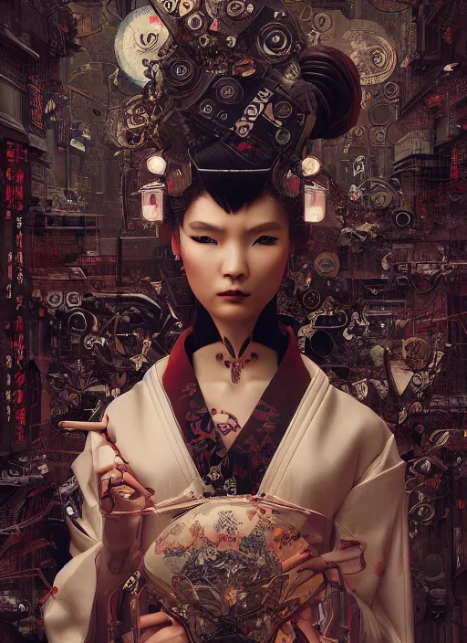 Image similar to portrait of a seductive cyberpunk geisha yakuza, imari, modern fine art, fractal, in the style of ex - machina, intricate ornaments, elegant, highly detailed, digital photography, subsurface scattering, by mc escher and greg rutkowski,