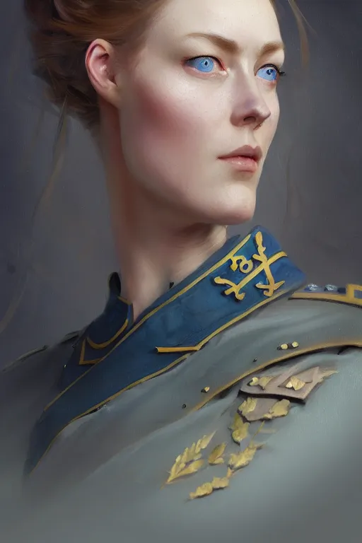 Image similar to a beautiful nordic woman, blue eyes, wearing a world war 1 uniform, extremely detailed digital painting, in the style of fenghua zhong and ruan jia and jeremy lipking and peter mohrbacher, mystical colors, rim light, beautiful lighting, 8 k, stunning scene, raytracing, octane, trending on artstation