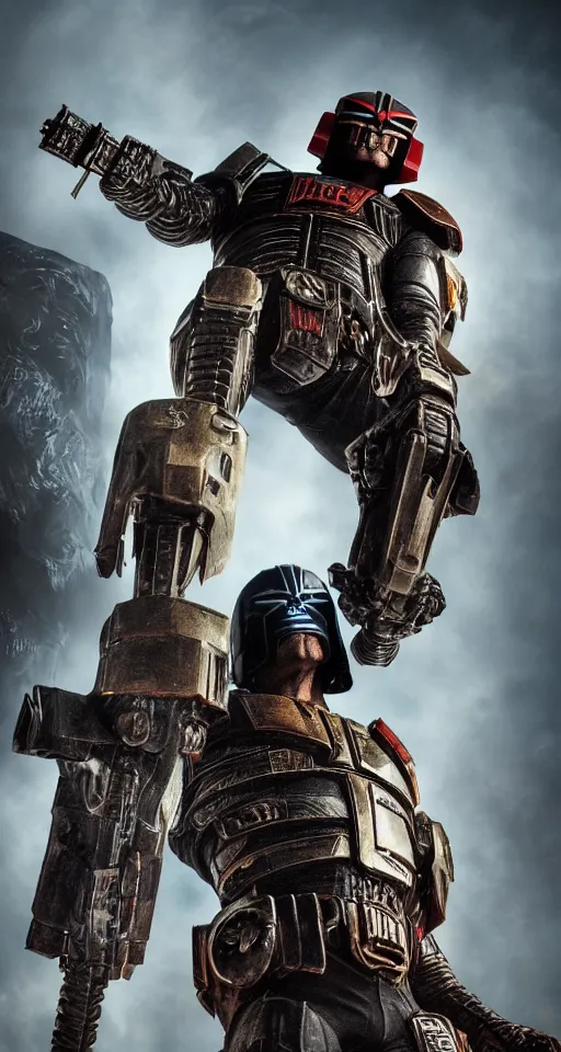 Image similar to Judge Dredd Designed By Moebius Yasushi Nirasawa and HR Giger, full body action pose, hyperrealistic, octane render, HDR, volumetric lighting,