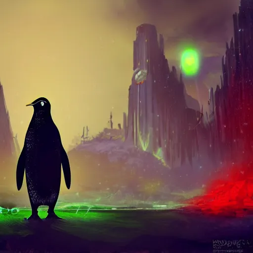 Image similar to penguin with red glowing eyes in front of a green glowing tower in the background, guild wars 2 art style