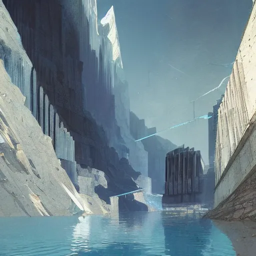 Image similar to view from below of an arcology driven like a spear into the glacier, rust-colored waterfalls pouring from its upper balconies, blue radiation glow beneath, science fiction concept art by Greg Rutkowski and Moebius and Le Corbusier