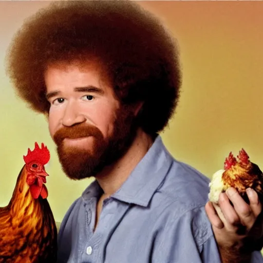 Prompt: bob ross holding a chicken, portrait,