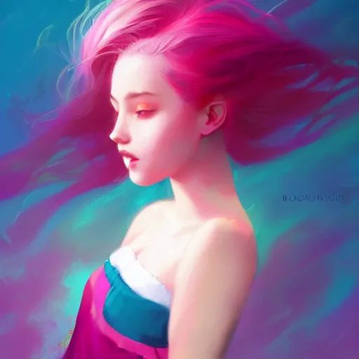 Image similar to colorful and festive captivating teenager girl with pink hair, cyan top crop, black skirt, black leggings, cute look. rich vivid colors, ambient lighting, dynamic lighting, 4 k, atmospheric lighting, painted, intricate, highly detailed by charlie bowater