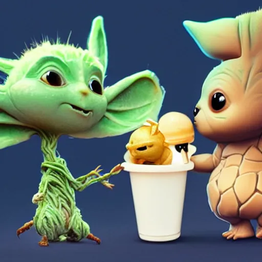 Image similar to artstation baby Groot and baby Yoda eating an ice cream together. The ice cream looks like Pikachu, very detailed, portrait, ultra realistic