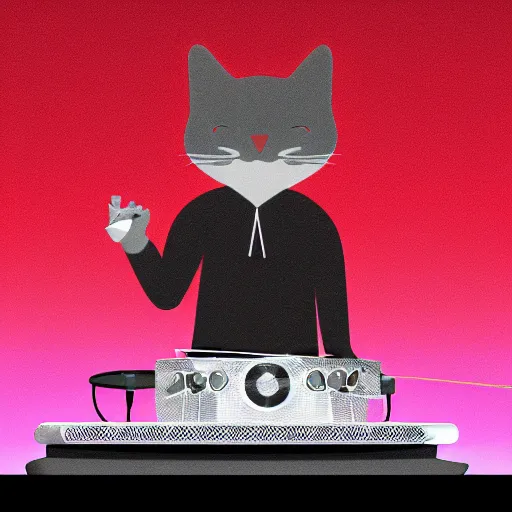 Prompt: anthropomorphic cat at a dj table spinning records, beautiful logo style, rendered in blender