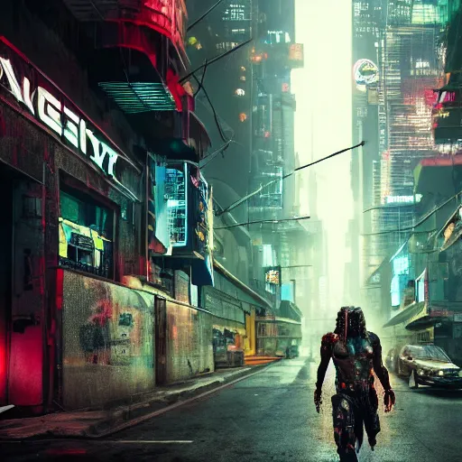Image similar to high quality photo of The Predator in a cyberpunk cyberpunk cyberpunk city, realism, 8k, award winning photo