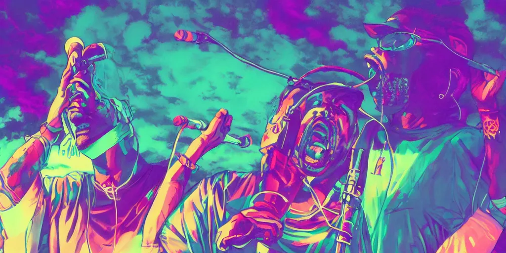 Image similar to rapping into microphone, on stage at festival during lightning storm, digital art, vapor wave, hip hop, surreal, psychedelic, trending on Artstation, professional artist, detailed, 4k