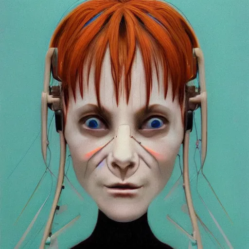 Image similar to beautiful pure evil adult lain with hundreds of network cables, neatly coming out of her head, a part of her face panel is showing, she is in pure bliss, chaos, bizarre, strange, portrait, painting